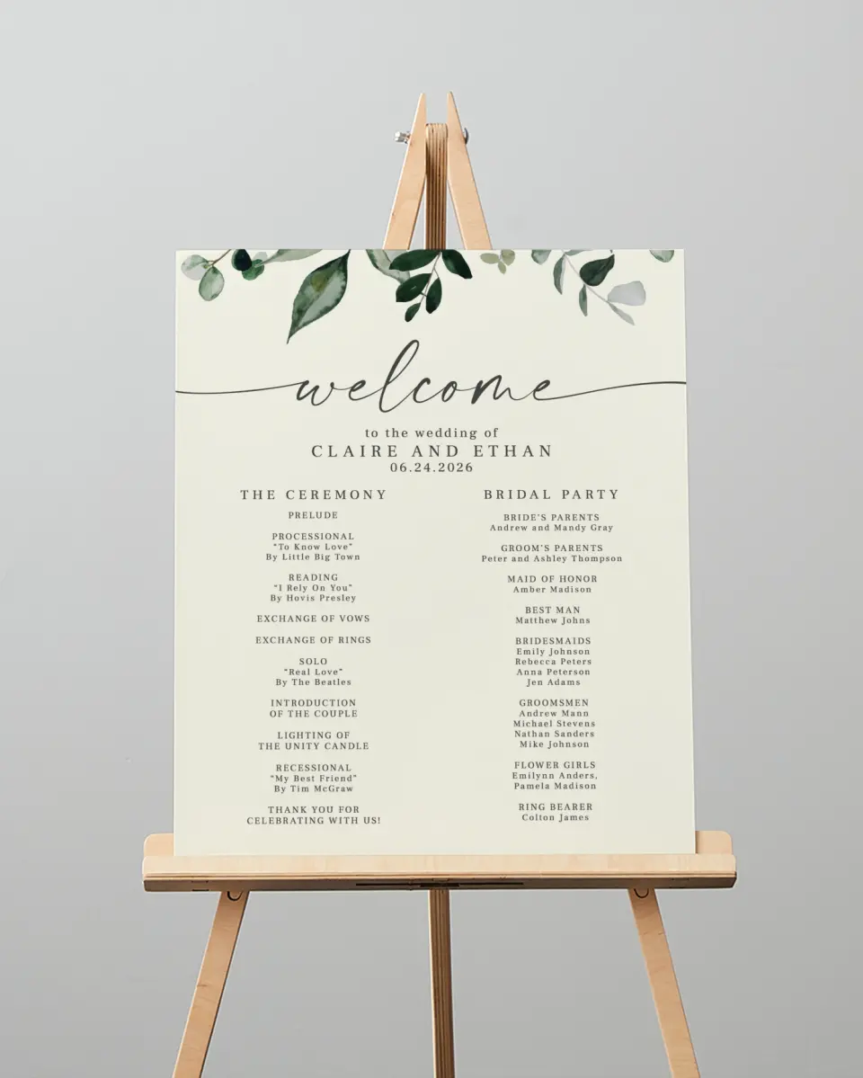 This is a 16" x 20" Ceremony Sign called Eucalyptus Greenery printed in full color