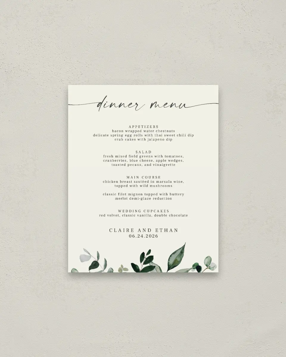 This is a 16" x 20" Menu Sign called Eucalyptus Greenery printed in full color