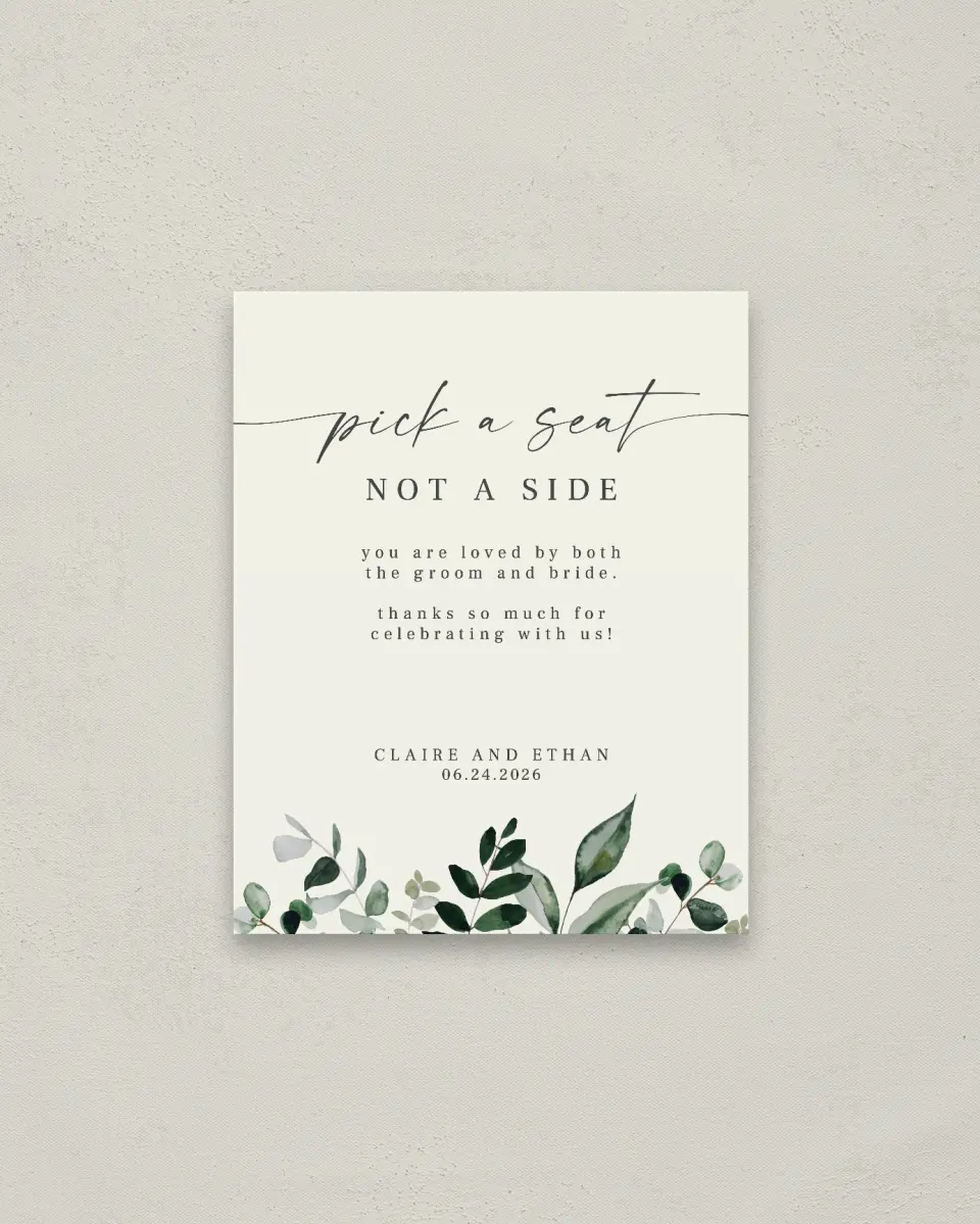 This is a 16" x 20" Pick a Seat Sign called Eucalyptus Greenery printed in full color