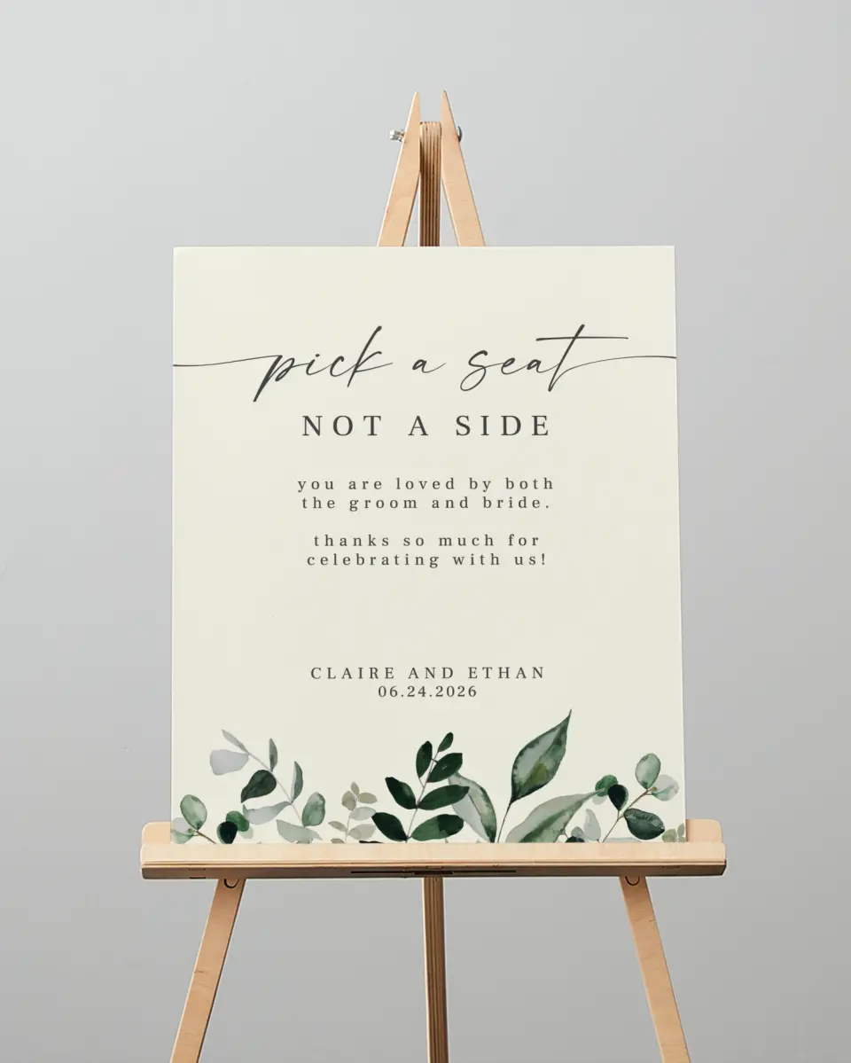 This is a 16" x 20" Pick a Seat Sign called Eucalyptus Greenery printed in full color