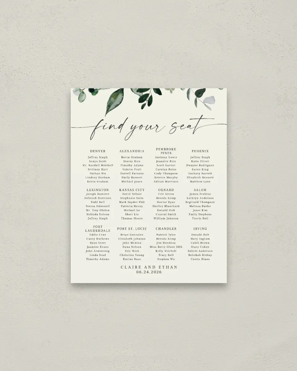 This is a 16" x 20" Seating Chart Sign called Eucalyptus Greenery printed in full color
