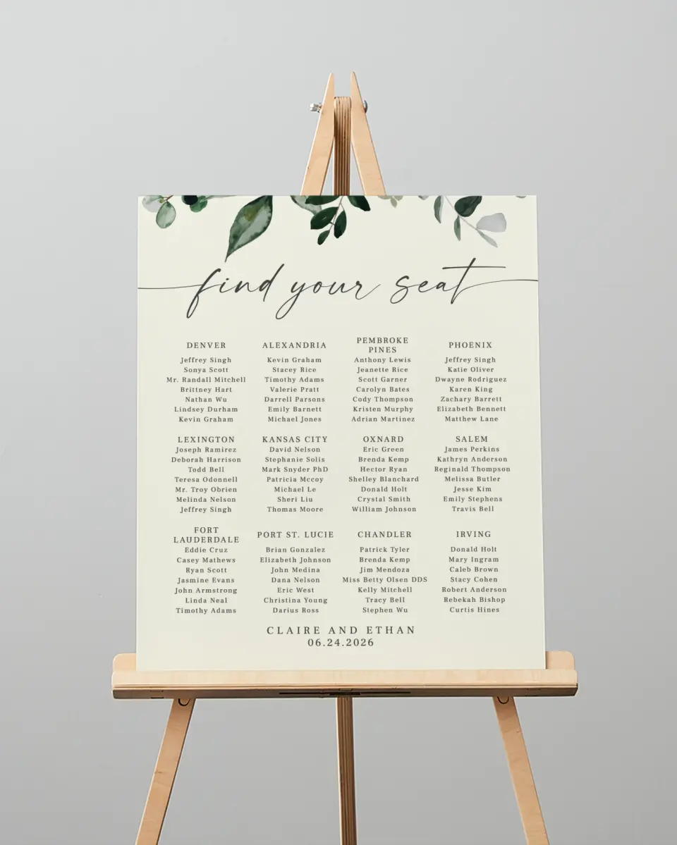 This is a 16" x 20" Seating Chart Sign called Eucalyptus Greenery printed in full color