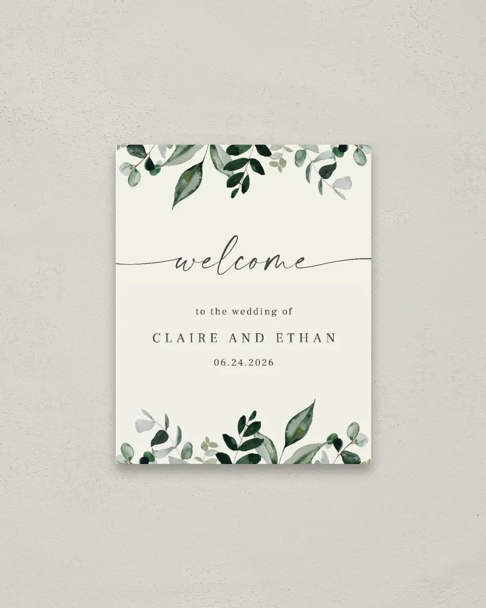 This is a 16" x 20" Welcome Sign called Eucalyptus Greenery printed in full color
