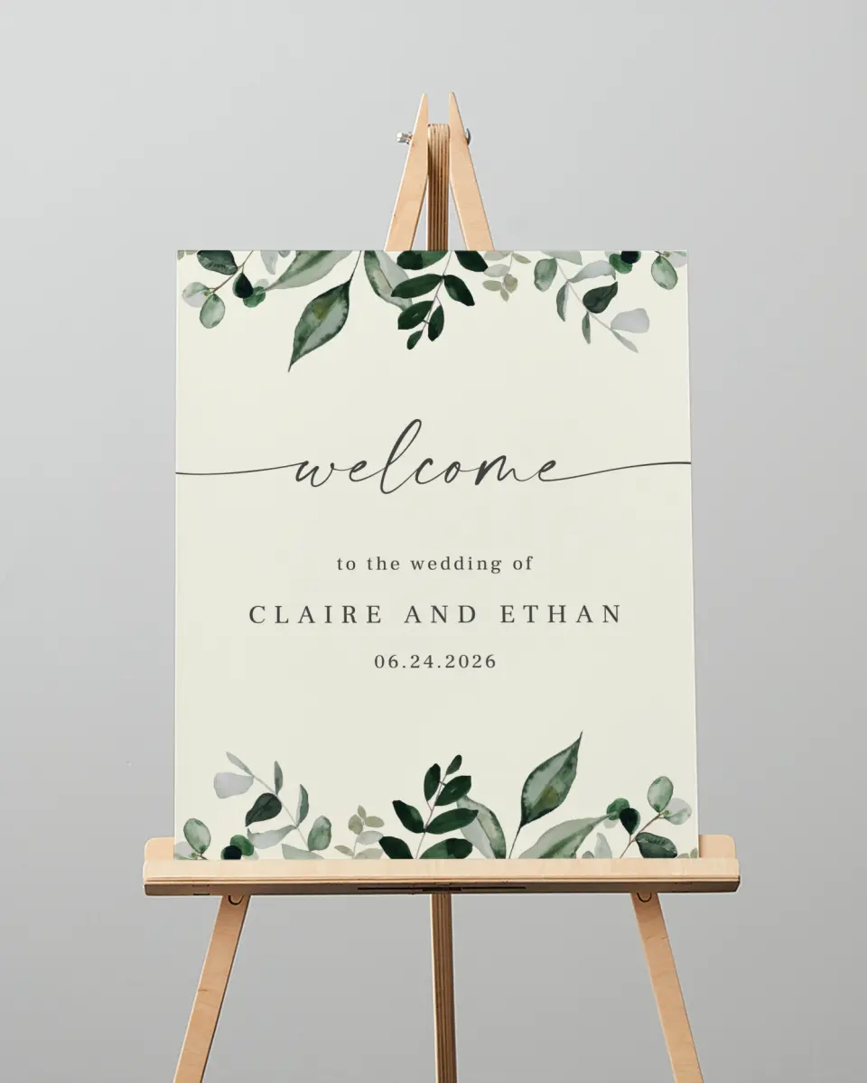 This is a 16" x 20" Welcome Sign called Eucalyptus Greenery printed in full color