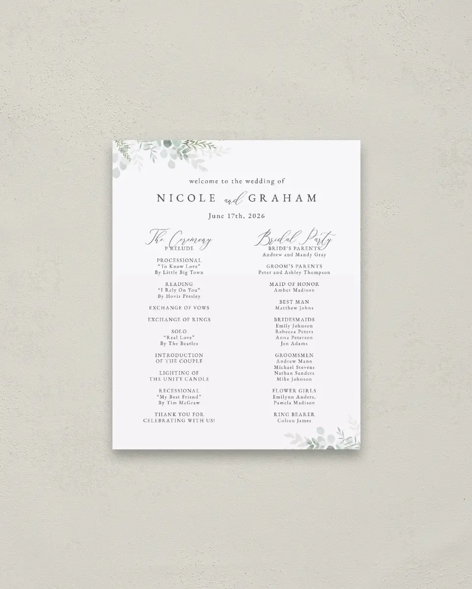 This is a 16" x 20" Ceremony Sign called Elegant Greenery printed in full color