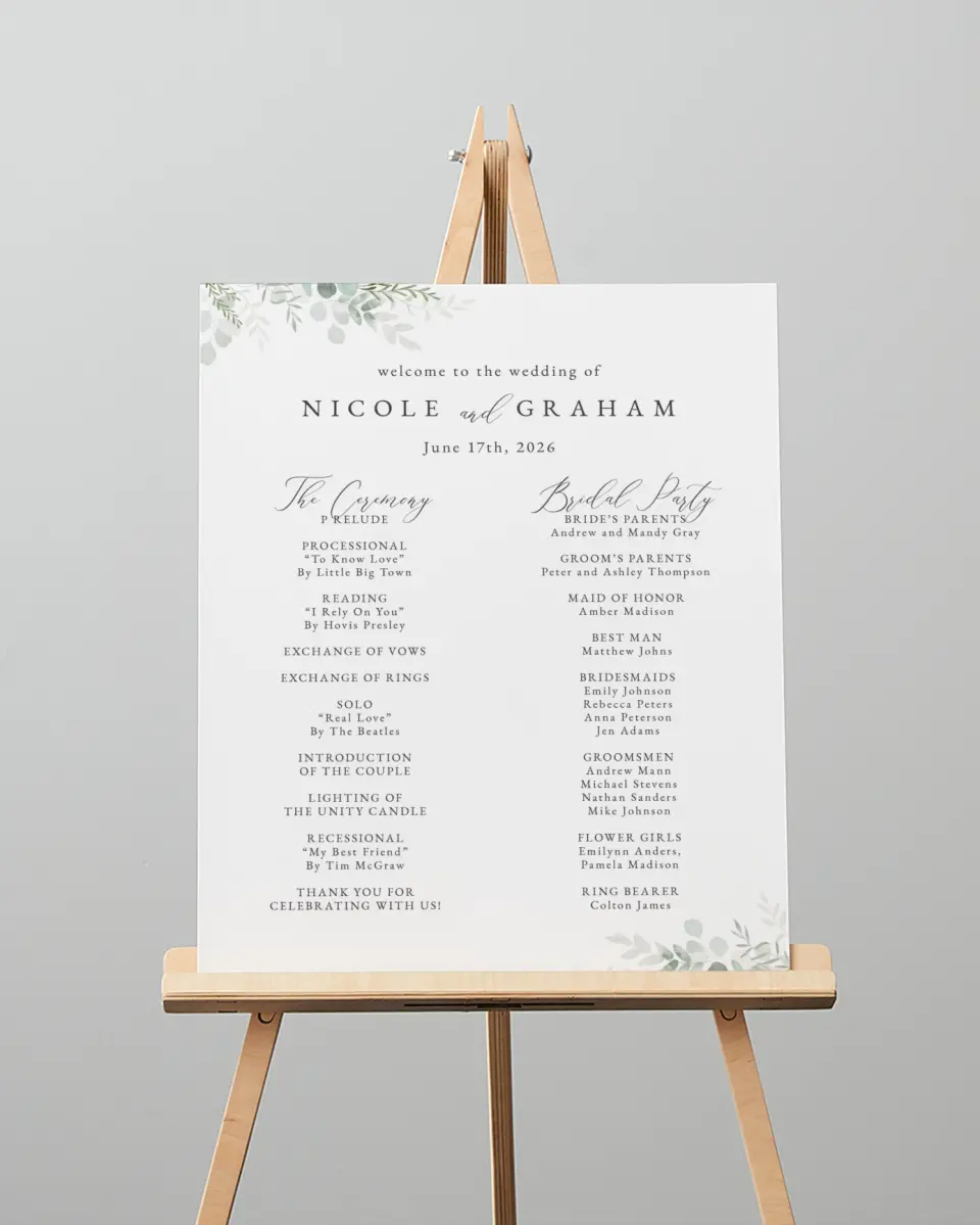 This is a 16" x 20" Ceremony Sign called Elegant Greenery printed in full color