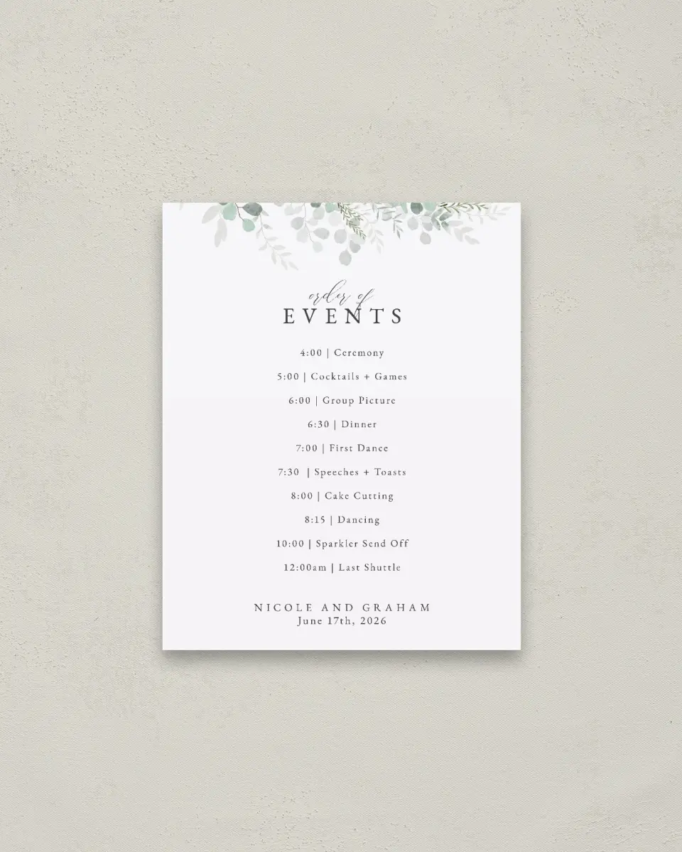 This is a 16" x 20" Schedule Sign called Elegant Greenery printed in full color