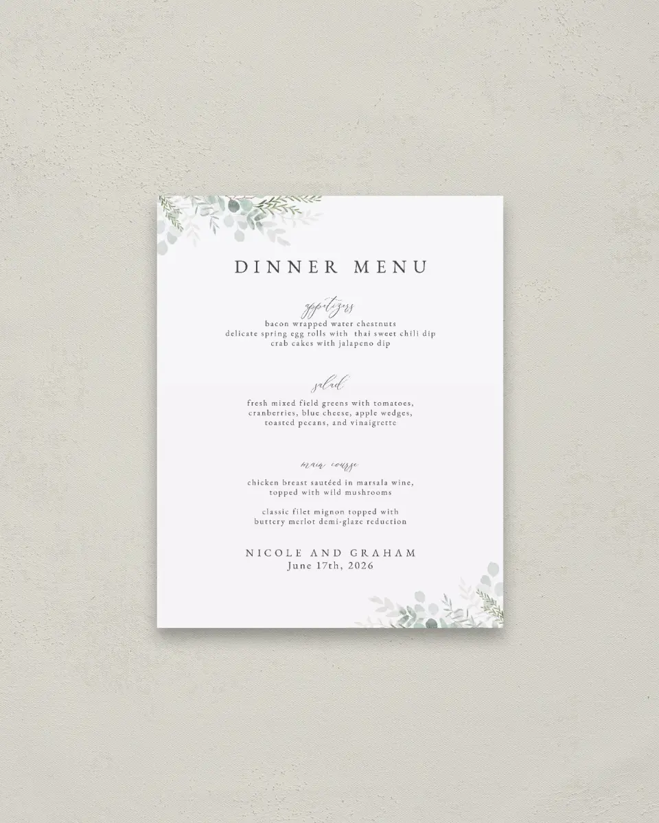 This is a 16" x 20" Menu Sign called Elegant Greenery printed in full color