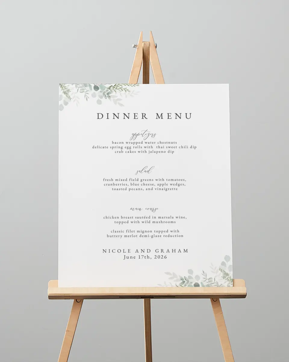 This is a 16" x 20" Menu Sign called Elegant Greenery printed in full color