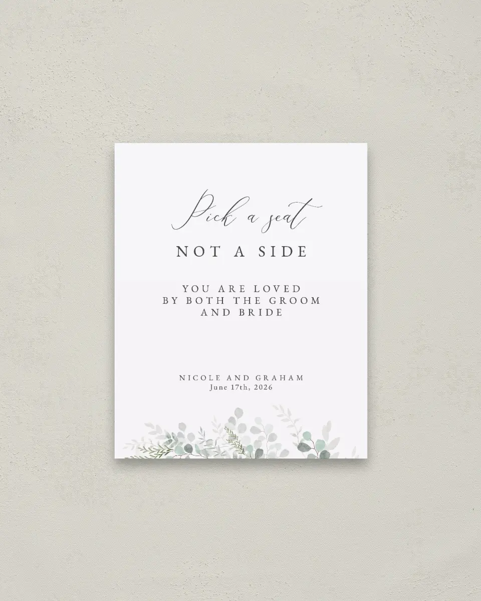This is a 16" x 20" Pick a Seat Sign called Elegant Greenery printed in full color