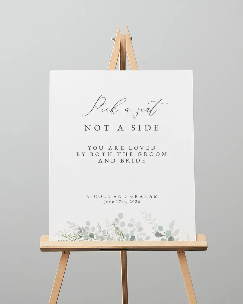 This is a 16" x 20" Pick a Seat Sign called Elegant Greenery printed in full color