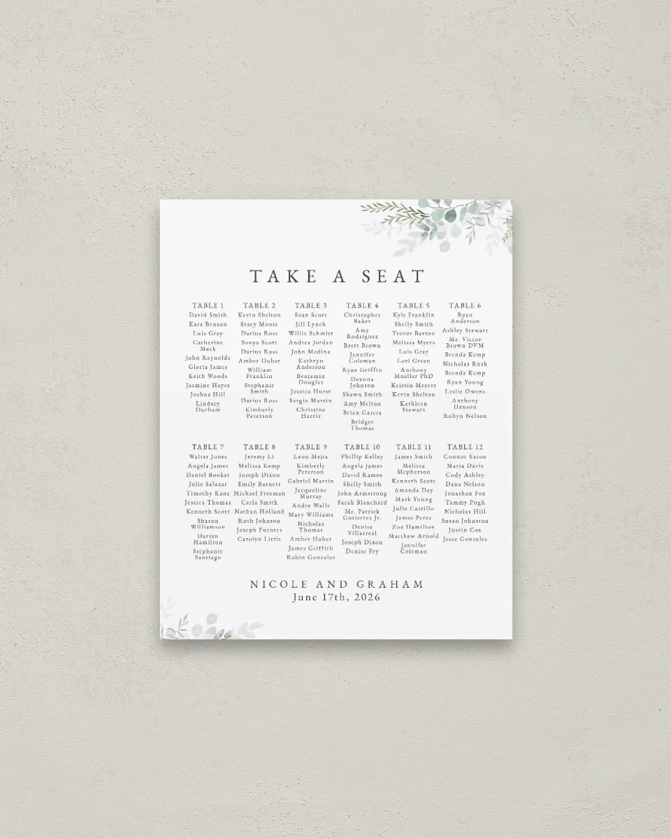 This is a 16" x 20" Seating Chart Sign called Elegant Greenery printed in full color