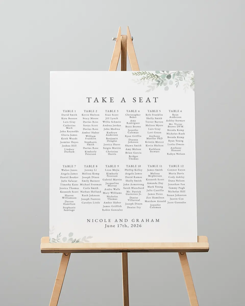 This is a 16" x 20" Seating Chart Sign called Elegant Greenery printed in full color