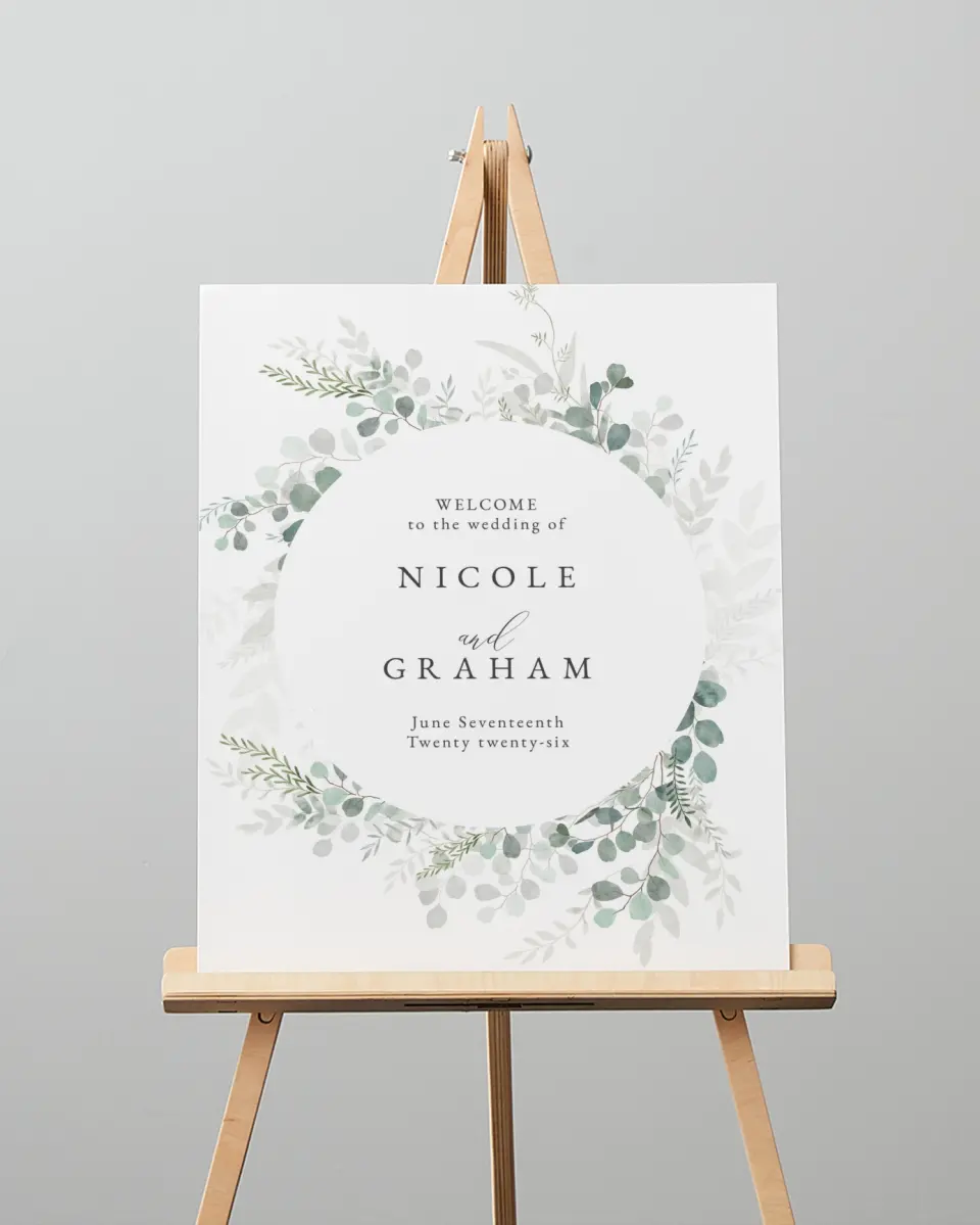 This is a 16" x 20" Welcome Sign called Elegant Greenery printed in full color