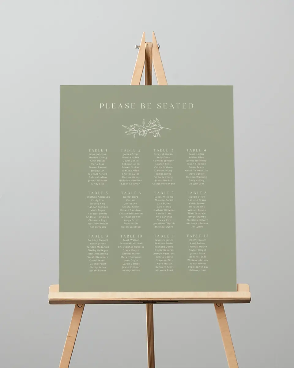 This is a 16" x 20" Seating Chart Sign called The Jasmine printed in full color