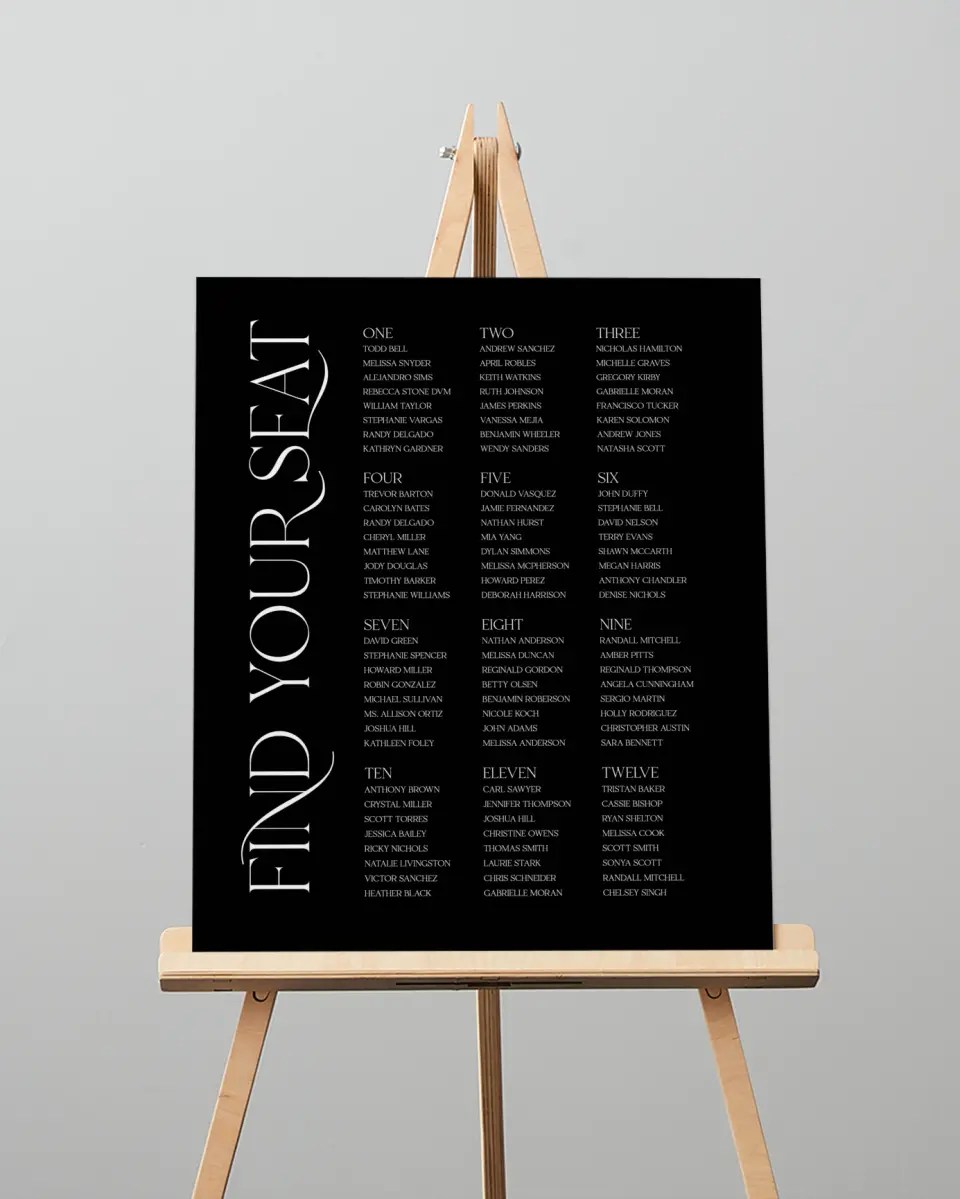 This is a 16" x 20" Seating Chart Sign called The Lucy printed in full color