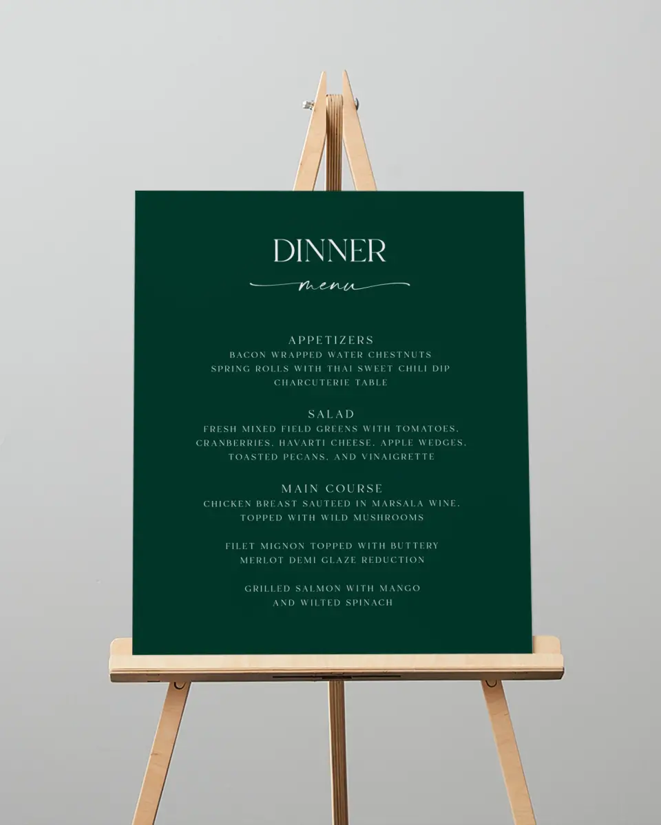 This is a 16" x 20" Menu Sign called The Olivia printed in full color