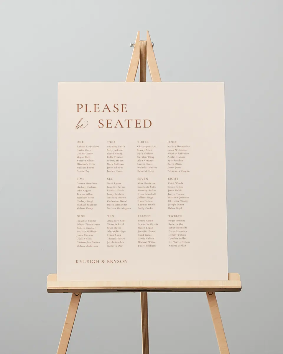 This is a 16" x 20" Seating Chart Sign called The Kyleigh printed in full color