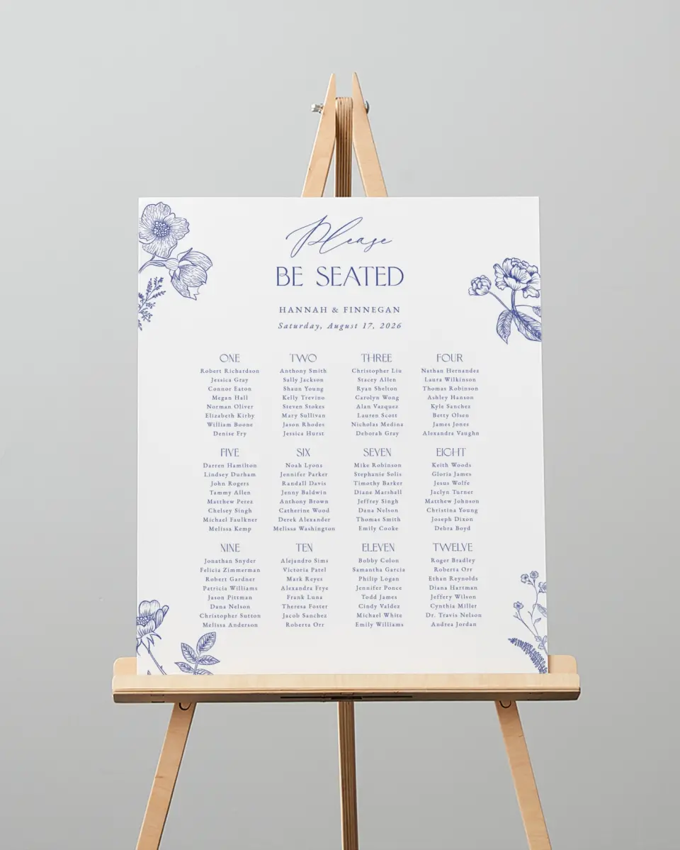 This is a 16" x 20" Seating Chart Sign called Modern Chinoiserie printed in full color