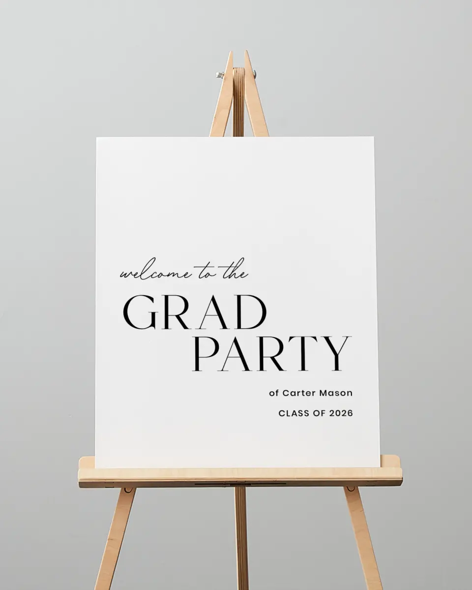 This is a 16" x 20" Welcome Grad Sign called Classy Cool Grad printed in full color with Silver foil