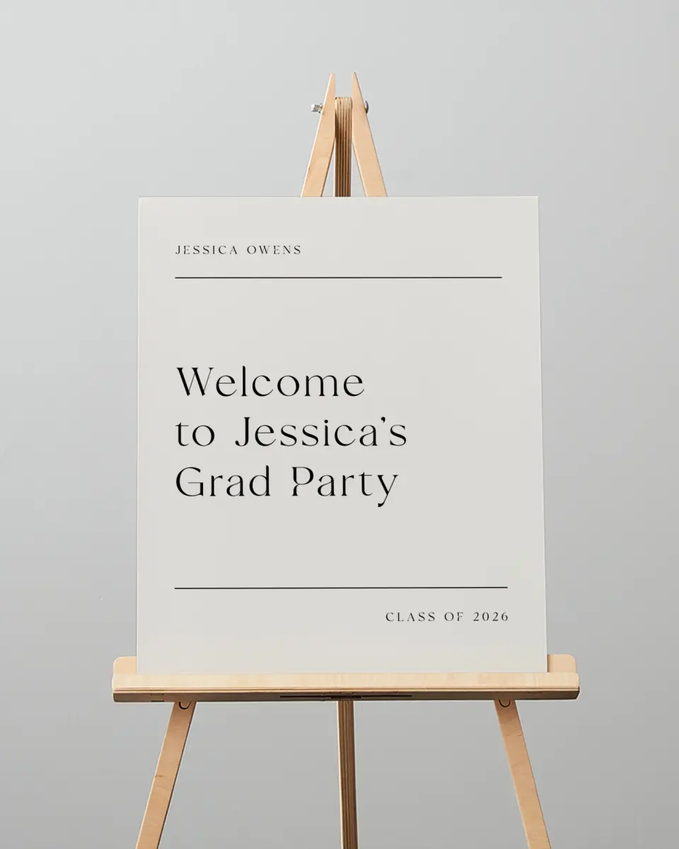 This is a 16" x 20" Welcome Grad Sign called Start of Something New printed in full color with Silver foil