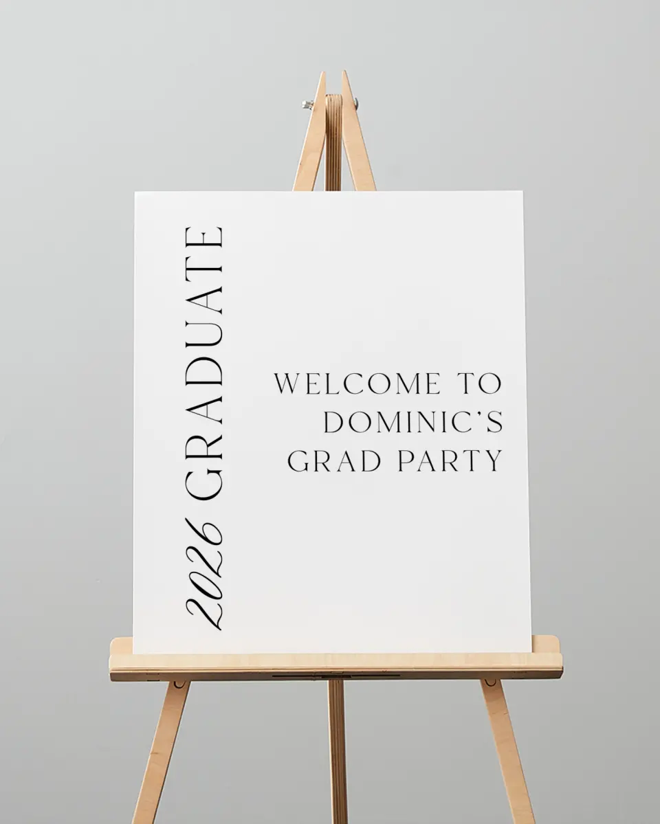 This is a 16" x 20" Welcome Grad Sign called Sophisticated Senior printed in full color