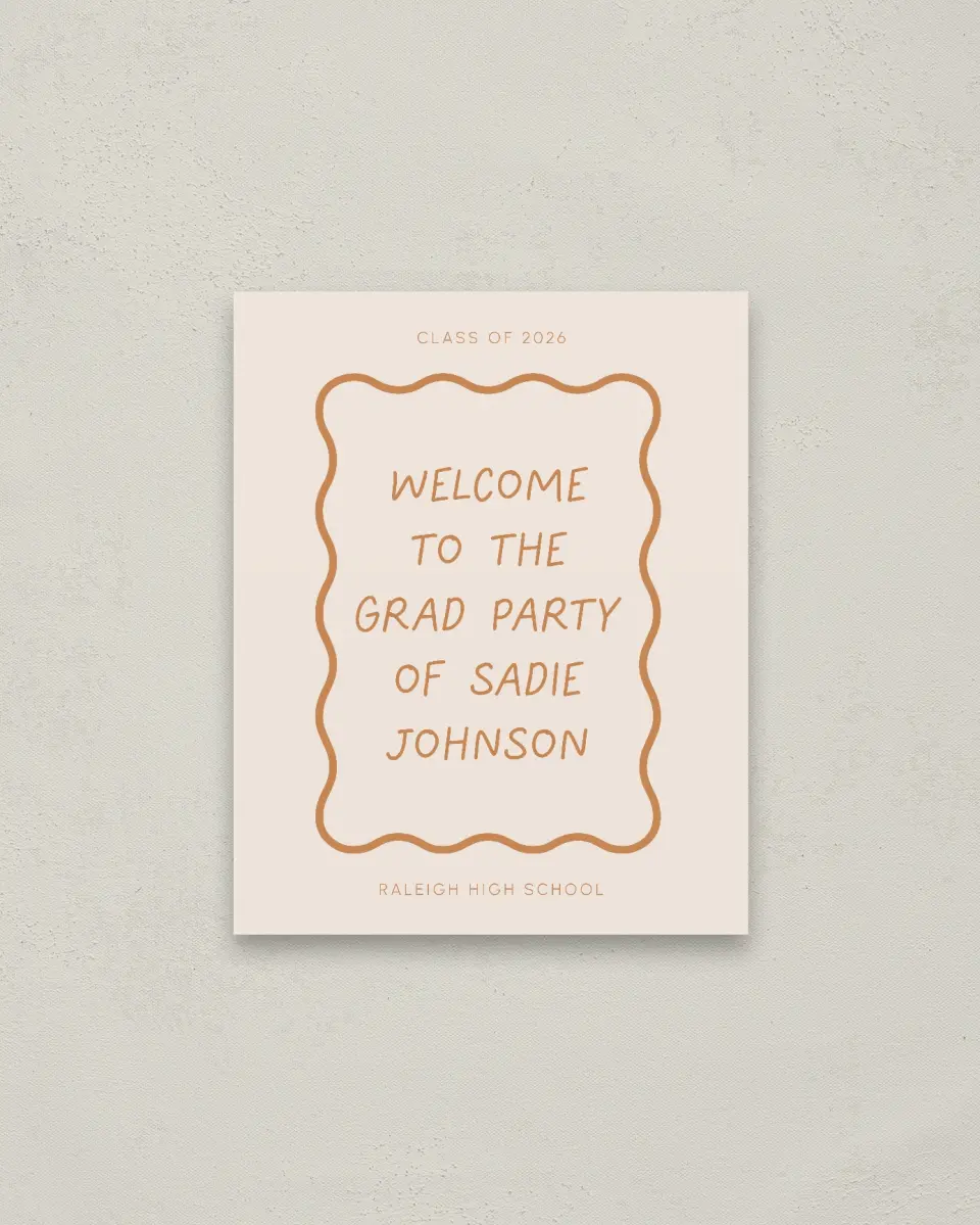 This is a 16" x 20" Welcome Grad Sign called Wavy Frame Fun printed in full color