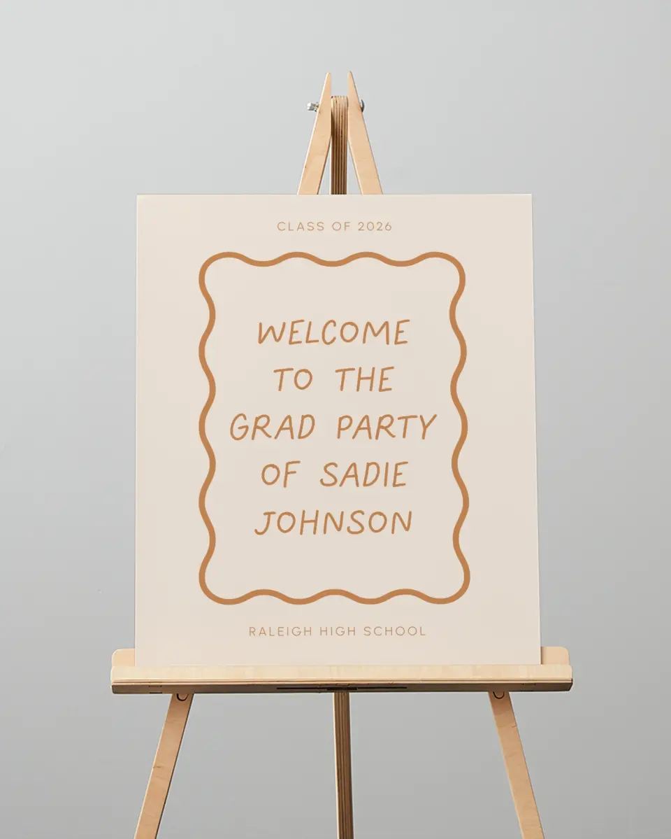 This is a 16" x 20" Welcome Grad Sign called Wavy Frame Fun printed in full color