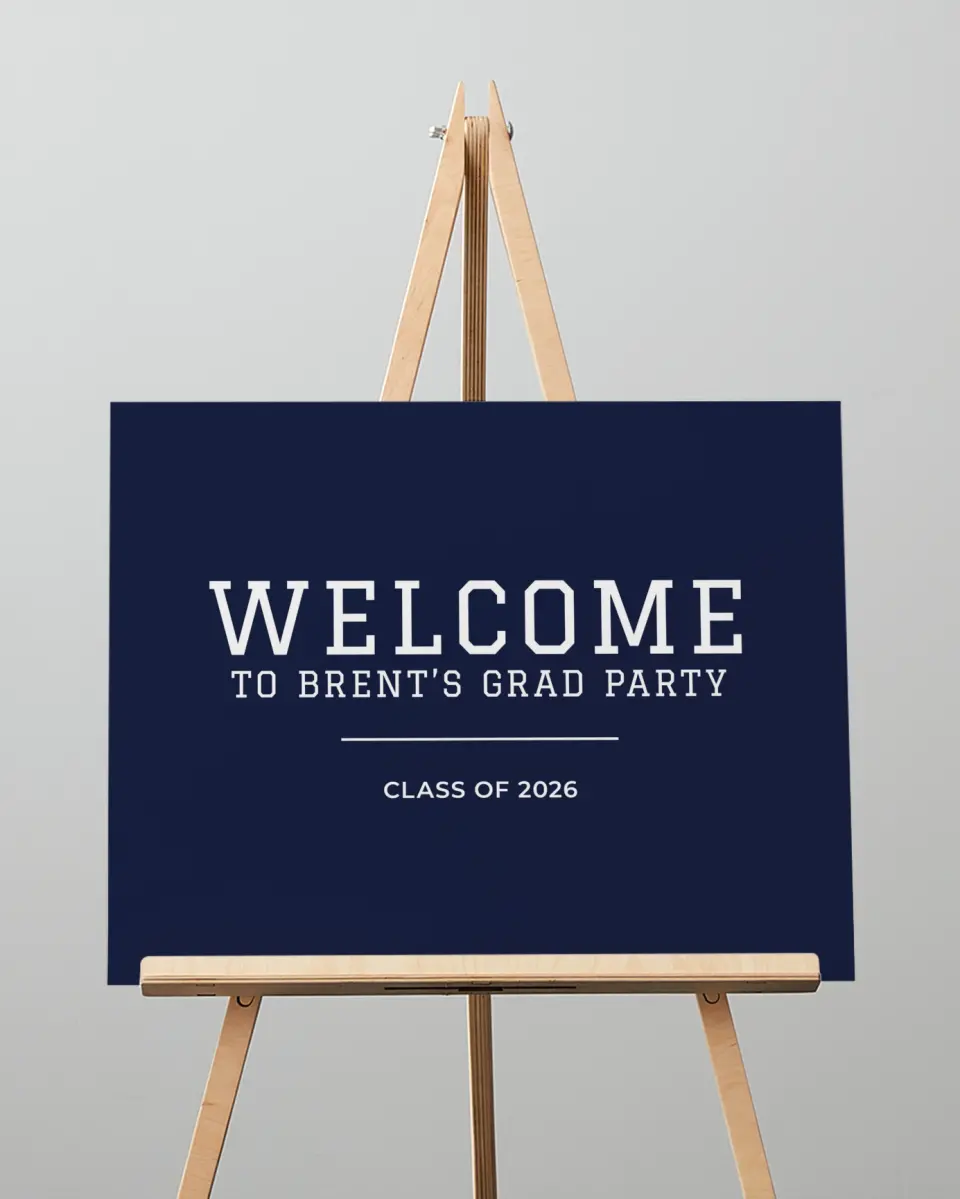 This is a 16" x 20" Welcome Grad Sign called Classic Celebration printed in full color with Silver foil