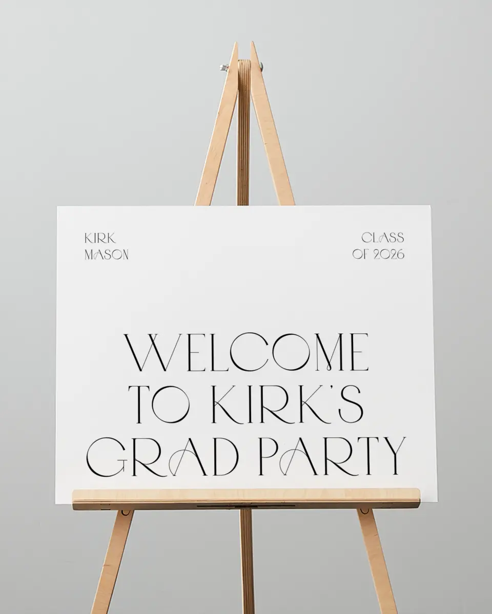 This is a 16" x 20" Welcome Grad Sign called Milestones and Memories printed in full color with Silver foil