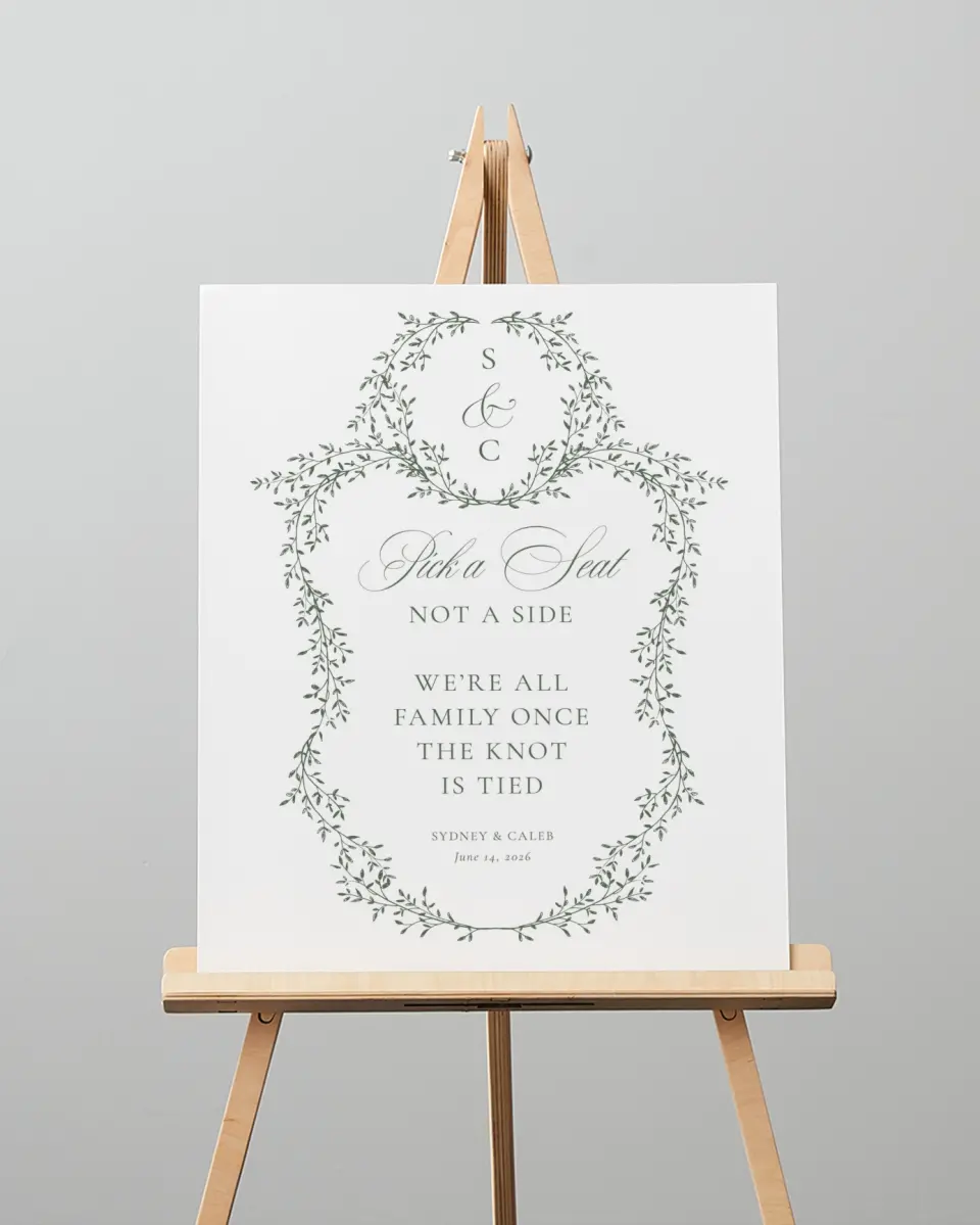 This is a 16" x 20" Pick a Seat Sign called Elegant Frame printed in full color