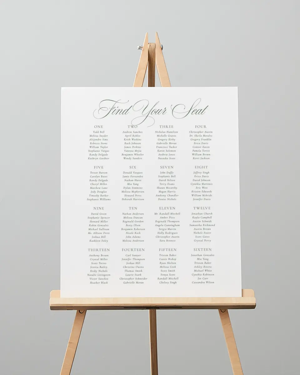 This is a 16" x 20" Seating Chart Sign called Elegant Frame printed in full color