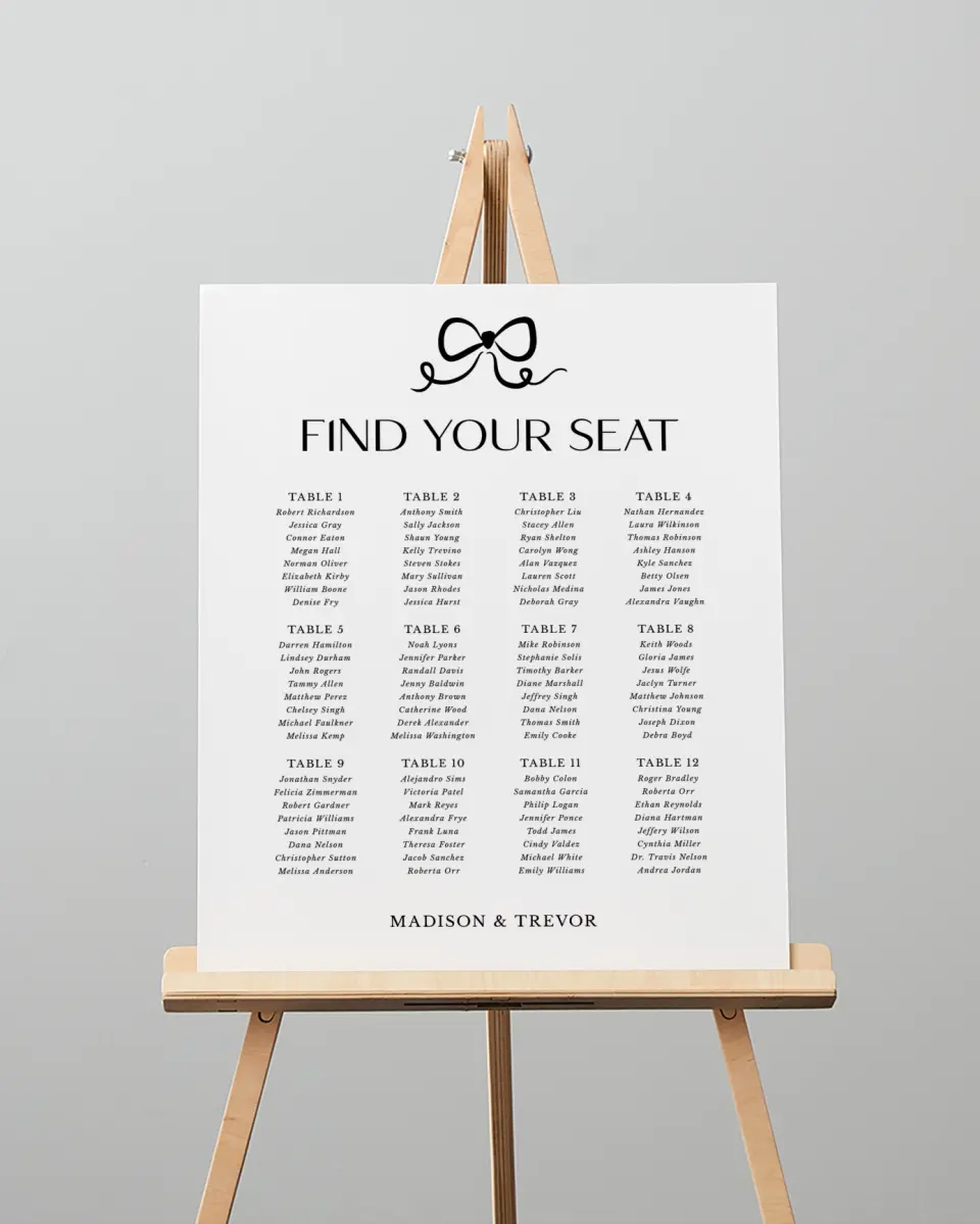 This is a 16" x 20" Seating Chart Sign called The Madison printed in full color