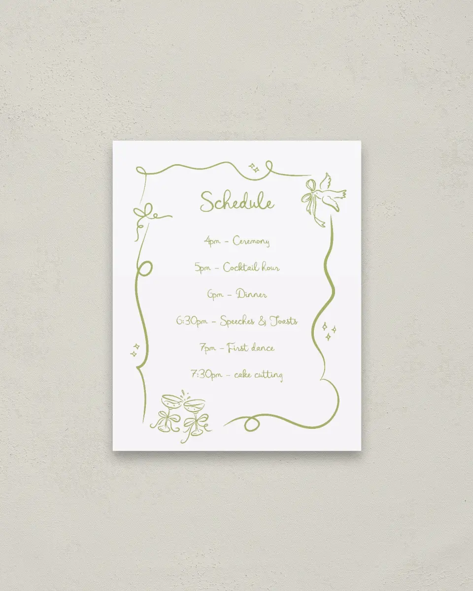 This is a 16" x 20" Schedule Sign called Wedding Whimsy printed in full color