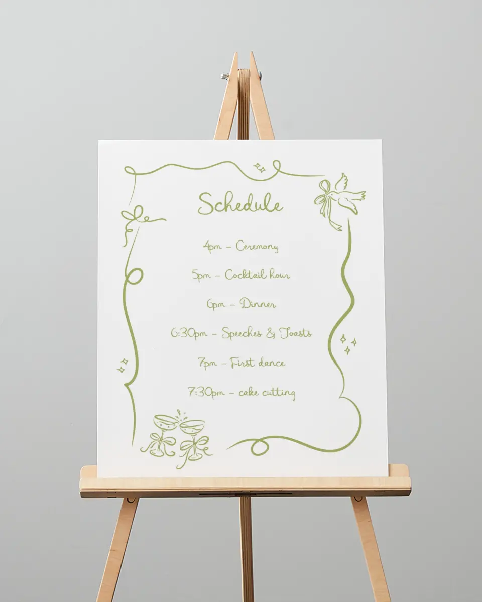 This is a 16" x 20" Schedule Sign called Wedding Whimsy printed in full color