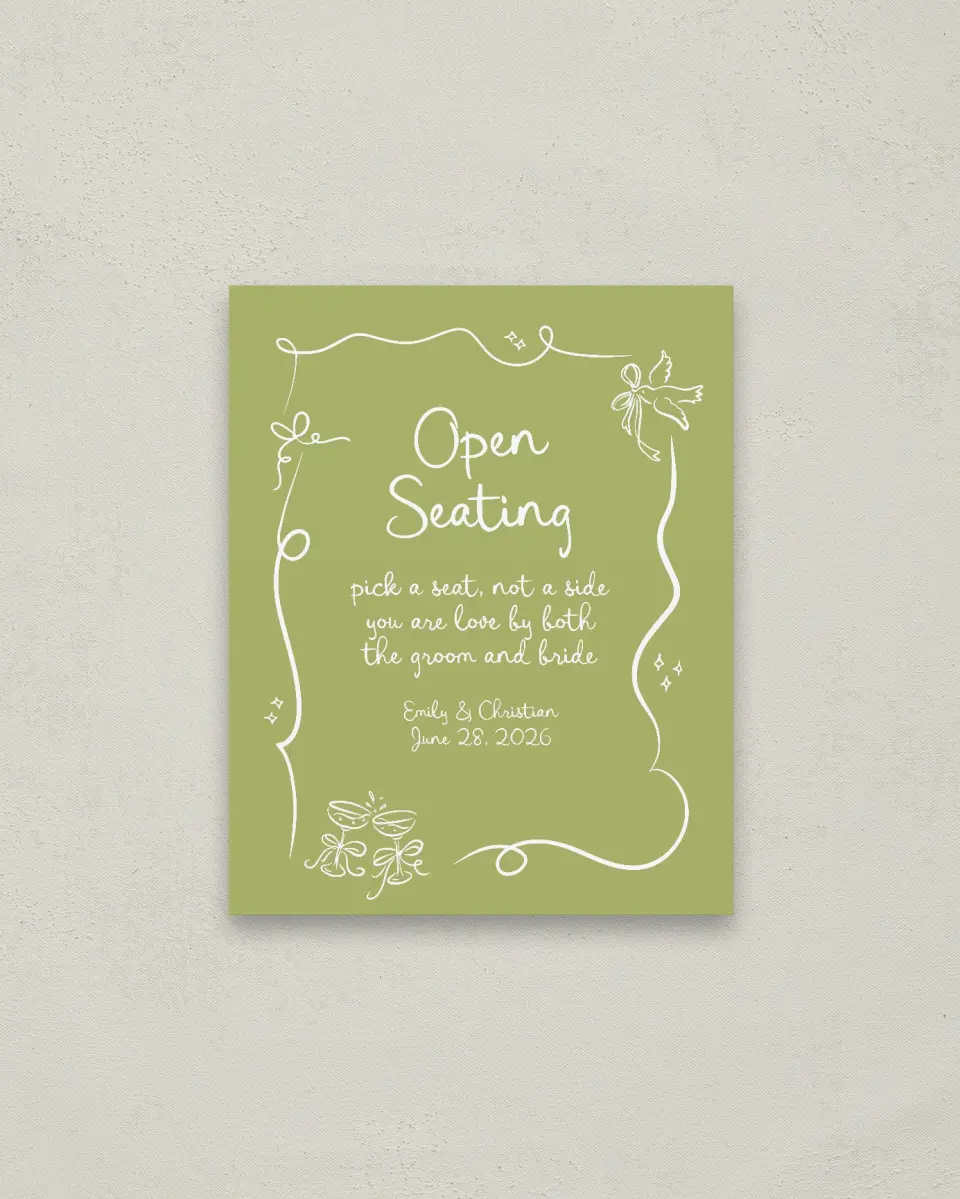 This is a 16" x 20" Pick a Seat Sign called Wedding Whimsy printed in full color