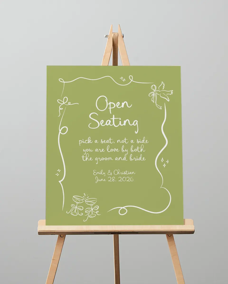 This is a 16" x 20" Pick a Seat Sign called Wedding Whimsy printed in full color