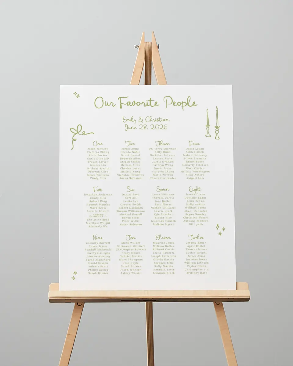 This is a 16" x 20" Seating Chart Sign called Wedding Whimsy printed in full color