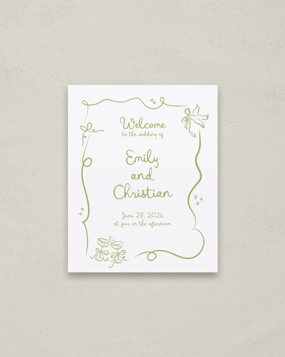 This is a 16" x 20" Welcome Sign called Wedding Whimsy printed in full color