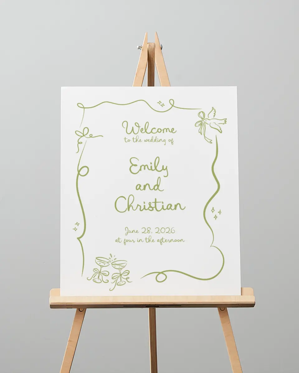 This is a 16" x 20" Welcome Sign called Wedding Whimsy printed in full color