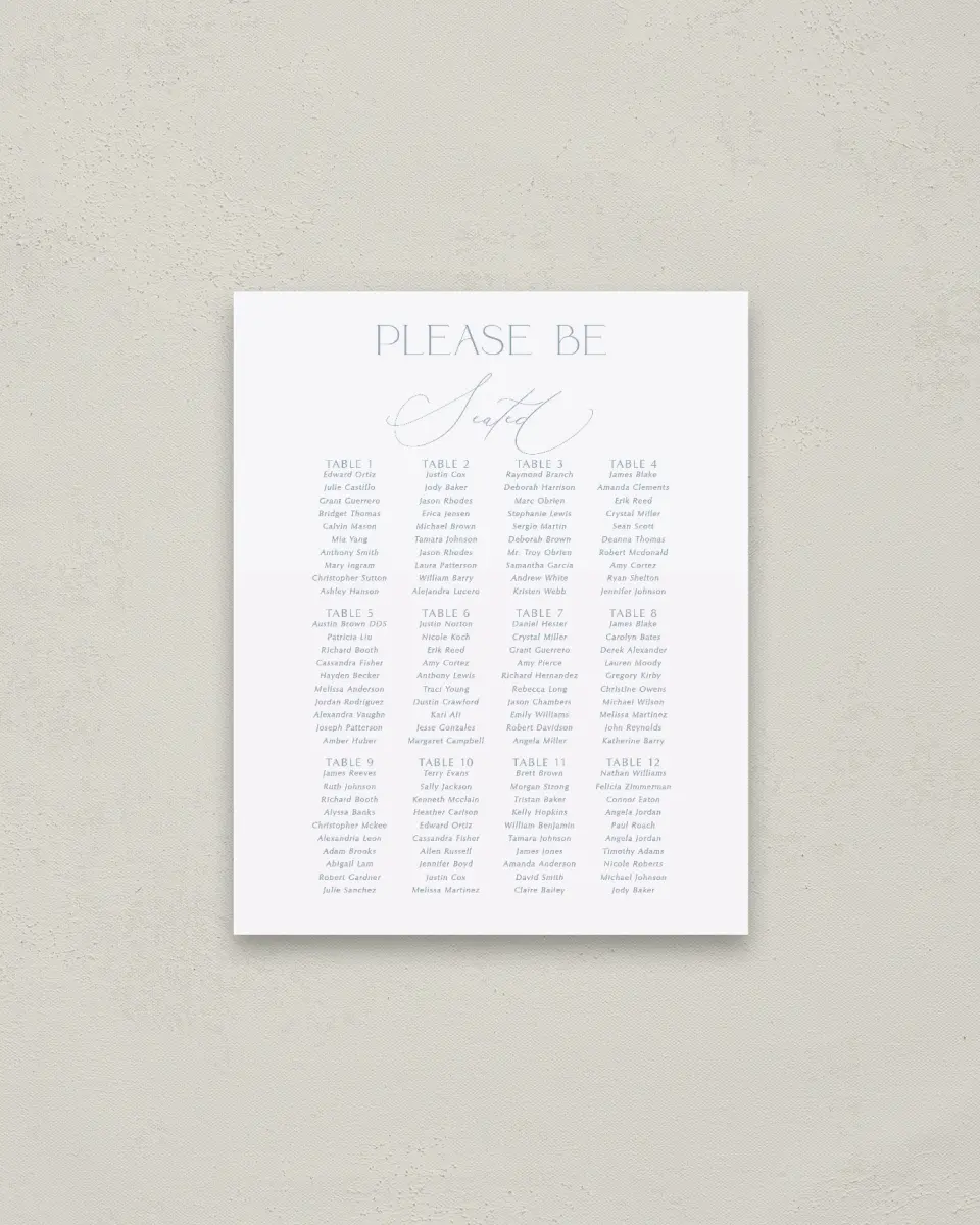 This is a 16" x 20" Seating Chart Sign called The Victoria printed in full color