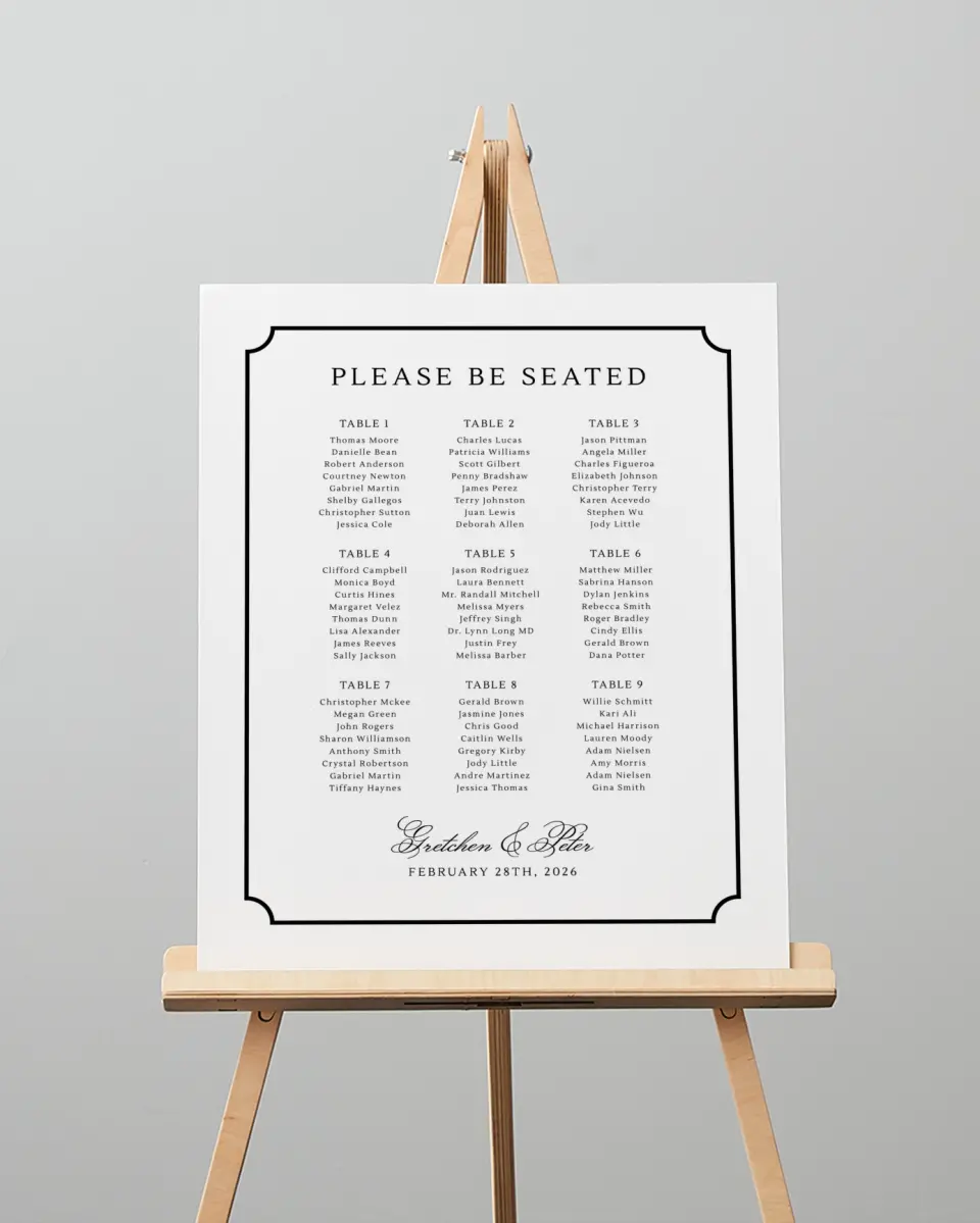 This is a 16" x 20" Seating Chart Sign called Elegant Tradition printed in full color