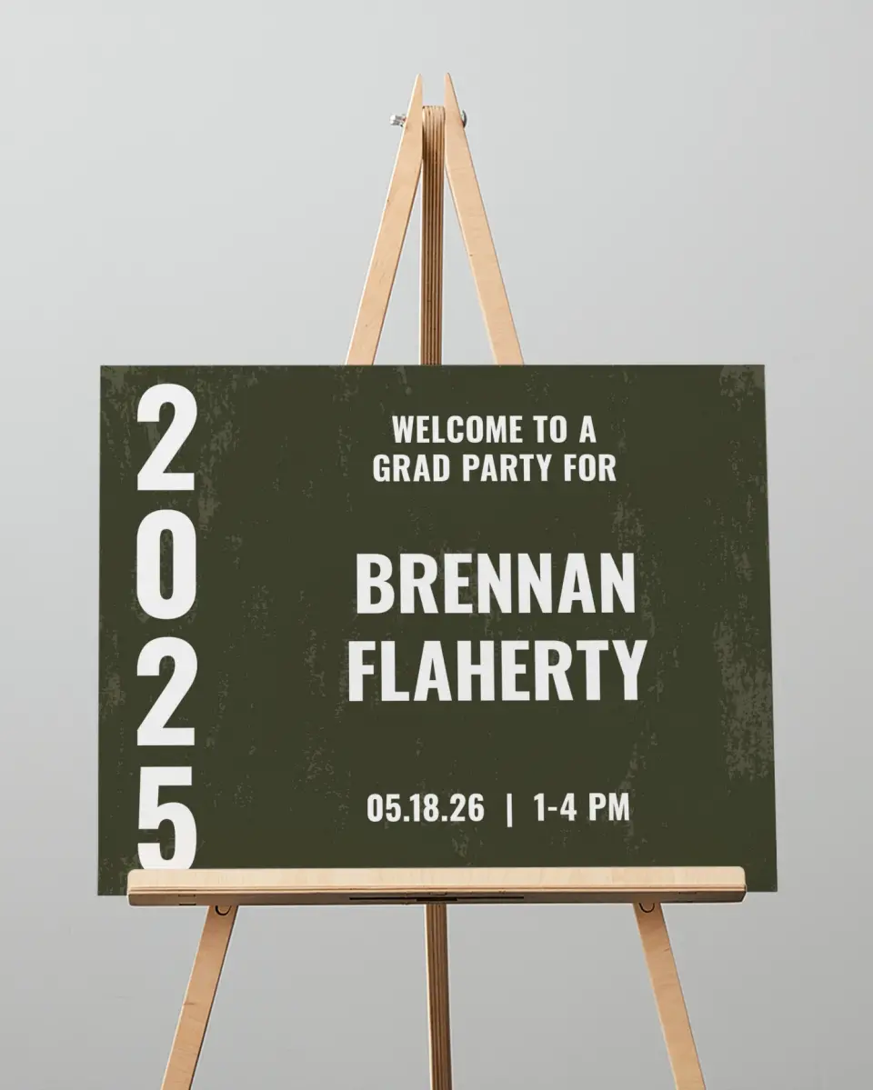 This is a 16" x 20" Welcome Grad Sign called Genuine Graduate printed in full color with Silver foil
