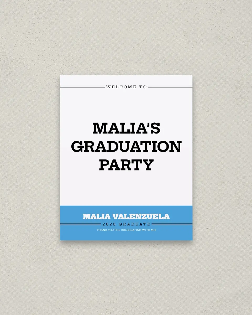 This is a 16" x 20" Welcome Grad Sign called Sporty Spice printed in full color