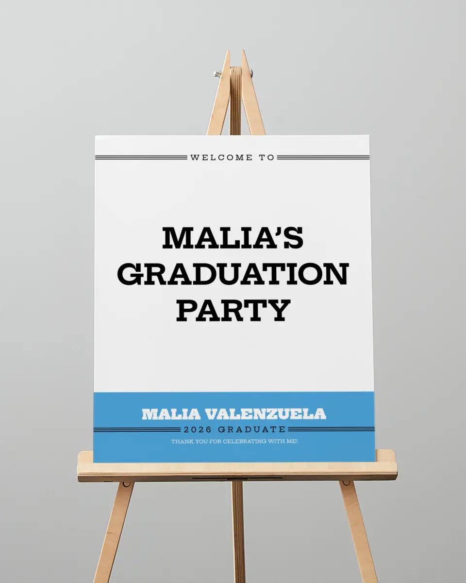 This is a 16" x 20" Welcome Grad Sign called Sporty Spice printed in full color with Silver foil