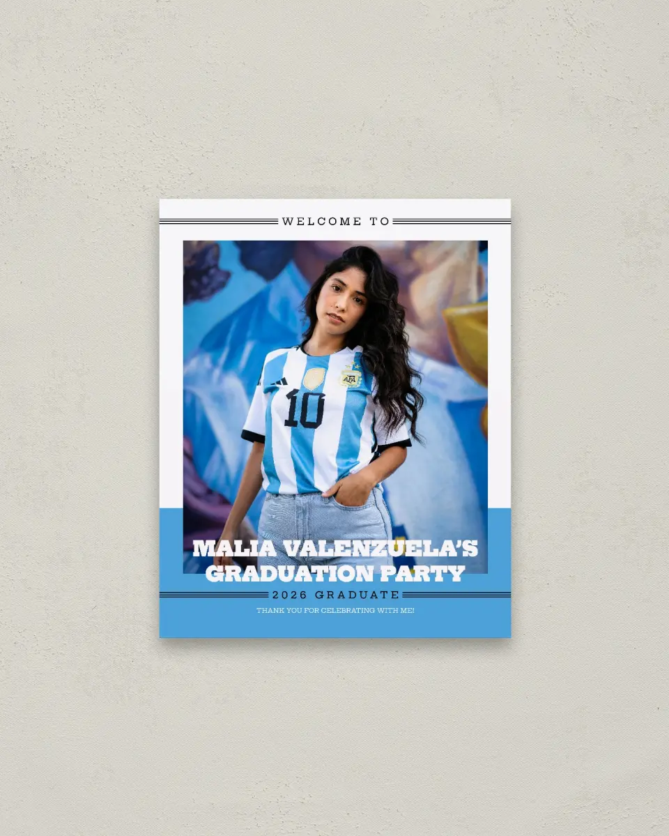 This is a 16" x 20" Welcome Grad Sign called Sporty Spice printed in full color