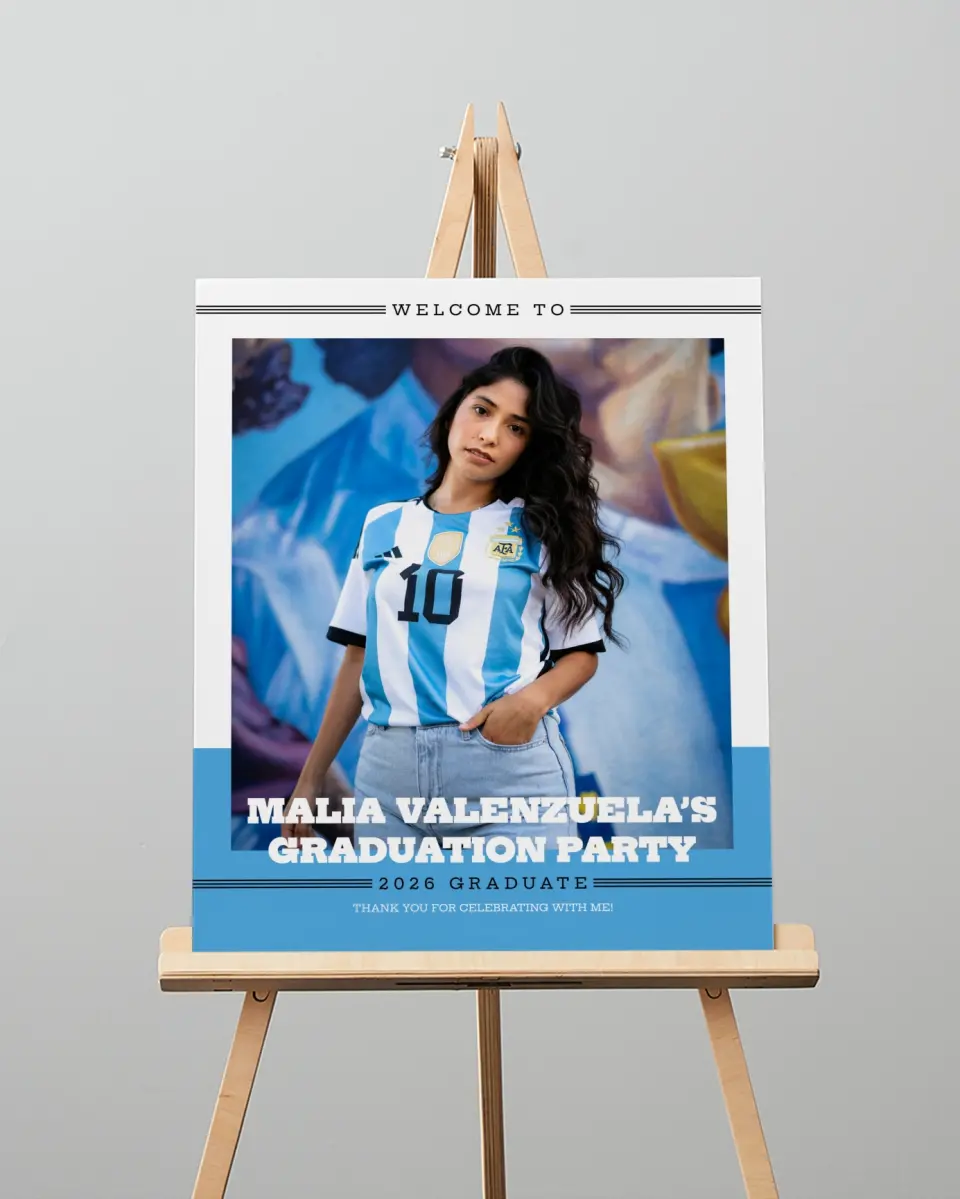 This is a 16" x 20" Welcome Grad Sign called Sporty Spice printed in full color with Silver foil