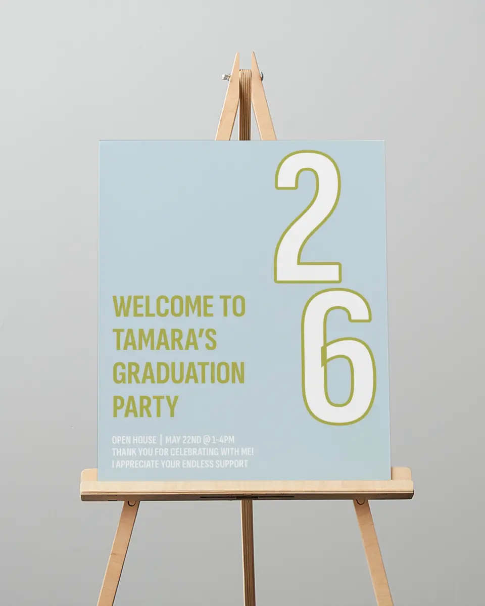This is a 16" x 20" Welcome Grad Sign called Big Grad Energy printed in full color with Silver foil