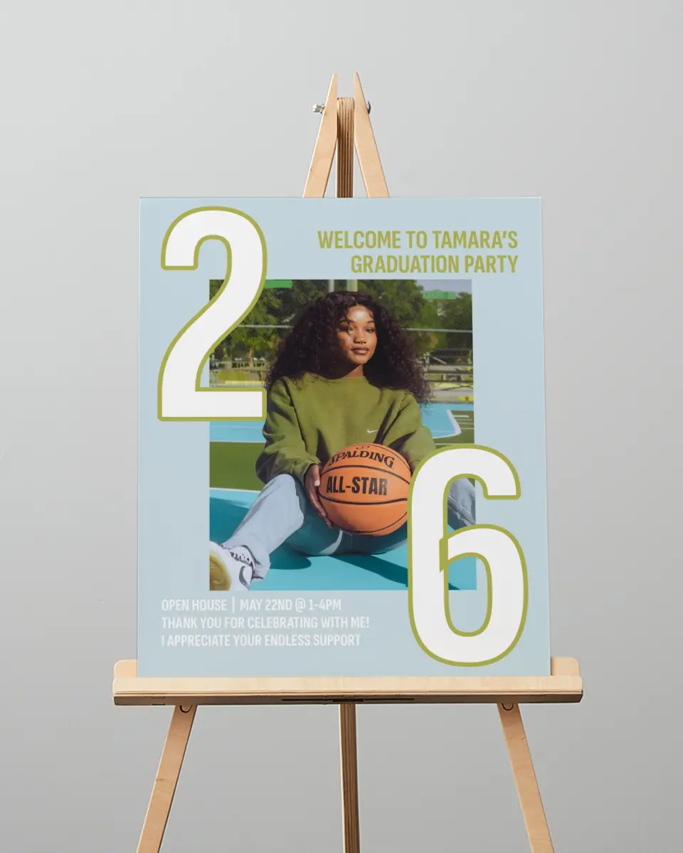This is a 16" x 20" Welcome Grad Sign called Big Grad Energy printed in full color with Silver foil