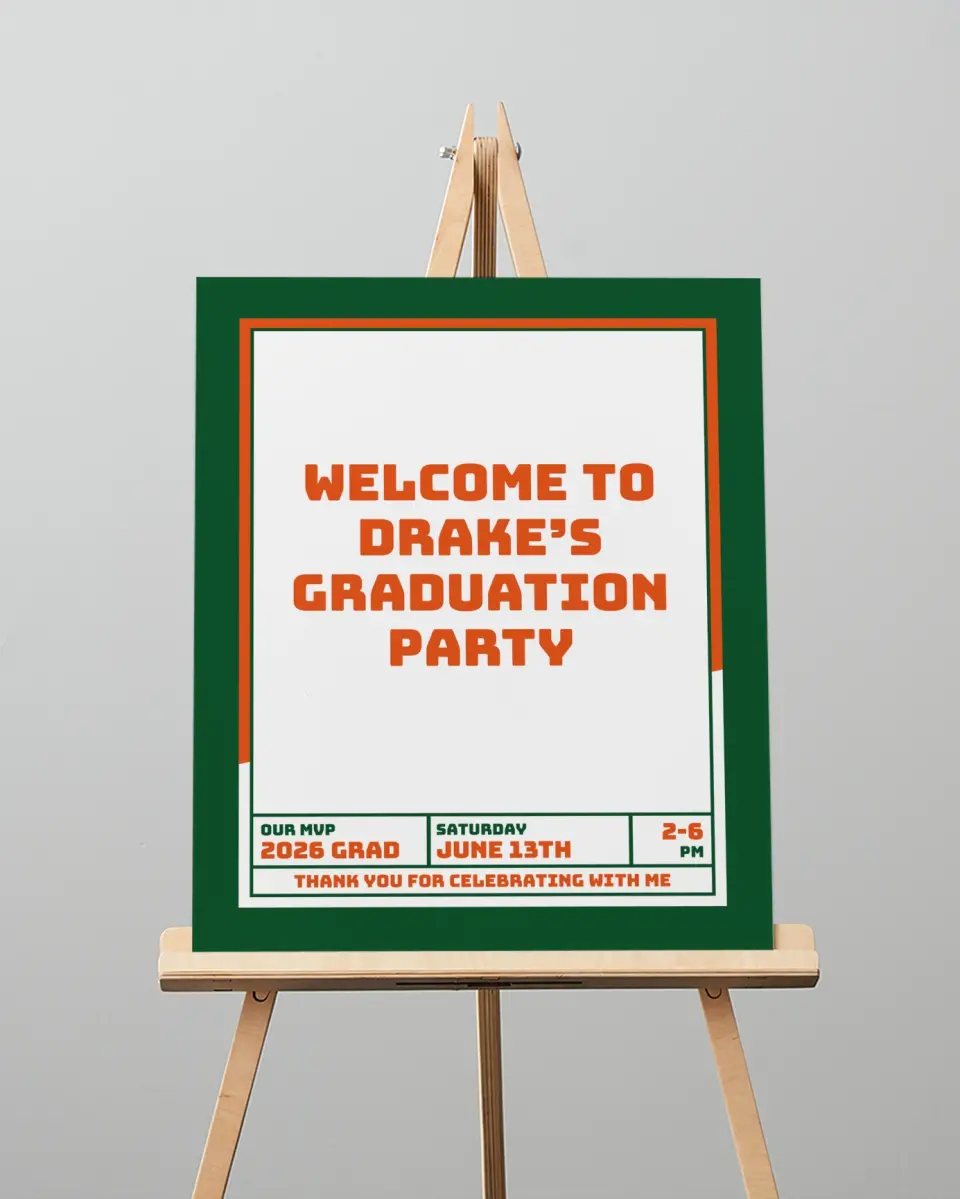 This is a 16" x 20" Welcome Grad Sign called MVP Grad printed in full color with Silver foil